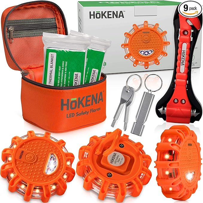 LED Road Flares 9 Piece Set, Emergency Lights Complete Car Safety Kit